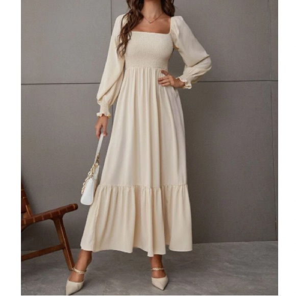 Boho Apricot Ruffled Patchwork Button Fall Dress Long sleeve